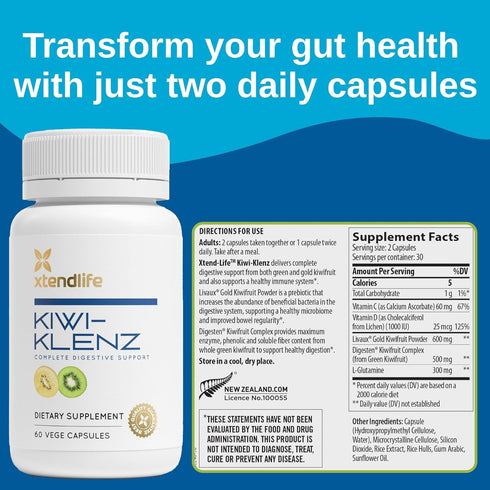 Xtendlife Kiwi-Klenz Natural Prebiotic with Enzyme, Soluble Fiber & Prebiotics - 60 Vegetarian Capsules
