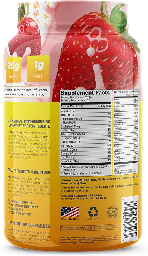 About Time Whey Protein Isolate, Strawberry, 2lb - 25g Protein, Non-GMO, 32 Servings