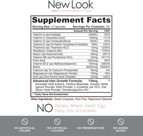 New Look Hair Growth Support Vitamins for Women and Men - Clinical Strength Supplement for Thicker, Fuller Hair, 60