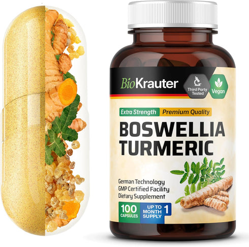BIO KRAUTER Turmeric Supplement with Boswellia Extract Capsules - 2000 mg Blend, 100 Count, Vegan Formula