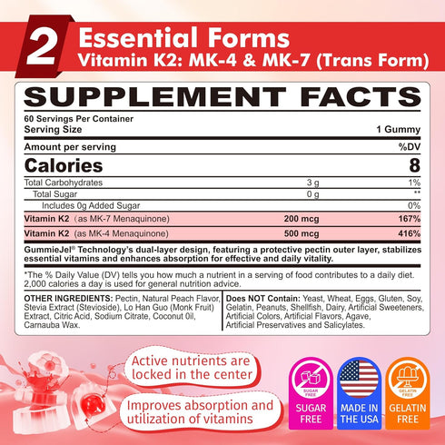 K2 Gummies MK-7 200 MK-4 500 2-IN-1 K2 Immune,1Pack Vitamin mcg & mcg for Women & Men Sugar Free, Perfect Full Spectrum