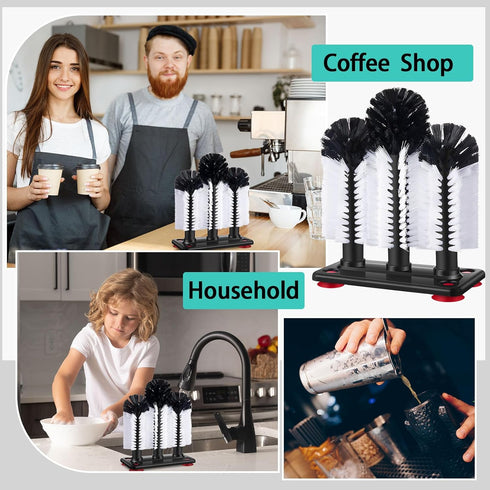 Havawish 2 Pack Water Bottle Cleaning Brush with Suction Base, 3 Head Bristle Bar Glass Washer for Kitchen Tools (Novel)
