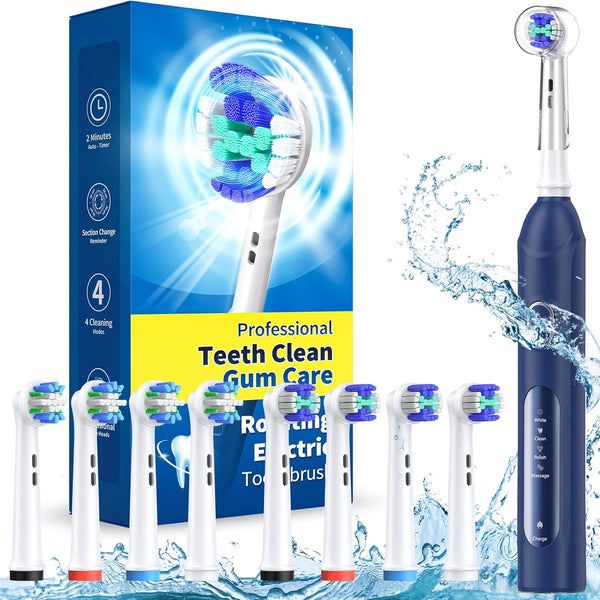 Rotating Electric Toothbrush for Adults, 8 Brush Heads, 4 Modes, Rechargeable Power, 2 Min Smart Timer, Dark Blue