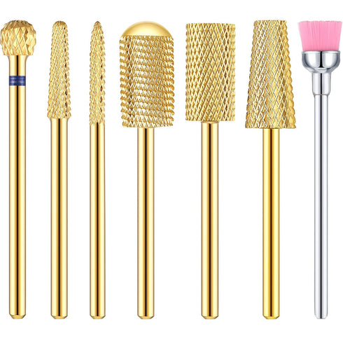 Hestya 7 Pieces Nail Drill Bits Set, Tungsten Carbide Drill Bits for Nails Electric File, Gold