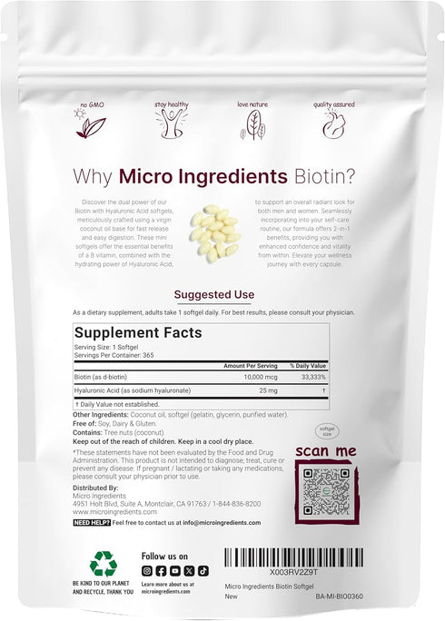 Micro Ingredients Biotin 10,000mcg w/Hyaluronic Acid 25mg - 365 Virgin Coconut Oil Softgels, Supports Healthy Hair