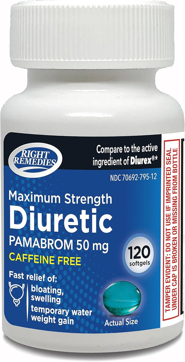 Maximum Strength Caffeine-Free Diuretic Softgels, 120 Softgels, Pambrom 50mg, Compare to Diurex Max, Relieves Water