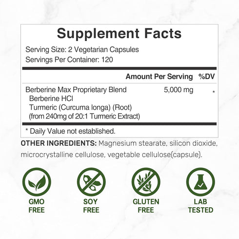 Berberine Max Supplement with Turmeric, 5,000mg Per Serving, 240 Veggie Capsules – 97% Pure Berberine HCL – 25:1 Berberine Root Extract – Vegetarian Friendly, Non-GMO