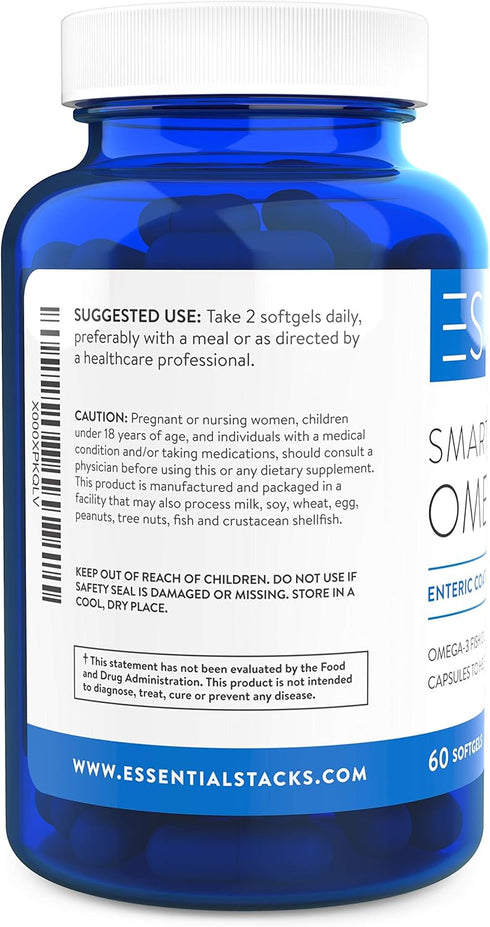 Essential Stacks Smart Omega 3, Burpless Fish Oil, 1400mg EPA DHA Per Serving, Enteric Coated, 60 Capsules