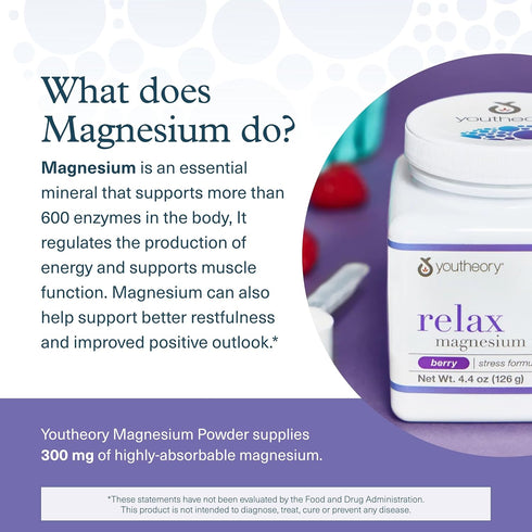 Youtheory Relax Magnesium Powder - Vegan Stress Relief Supplement with L-Theanine & GABA, Supports Relaxation, Dairy,
