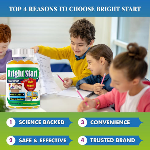 BrightStart Brain Focus Vitamins for Kids & Teens, Omega 3 Supplement, Focus Booster Nootropic Support, 60 Gummy