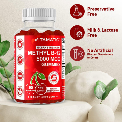 Vitamatic Extra Strength Vitamin B12 5000 mcg (Methyl B12) Gummies, 120 Count, Natural Cherry Flavored
