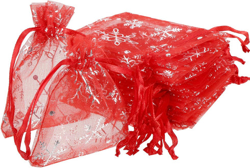 Bememo 100 Pieces Christmas Organza Bags, Snowflakes Mesh Jewelry Candy Drawstring Small Pouches for Winter Wedding,