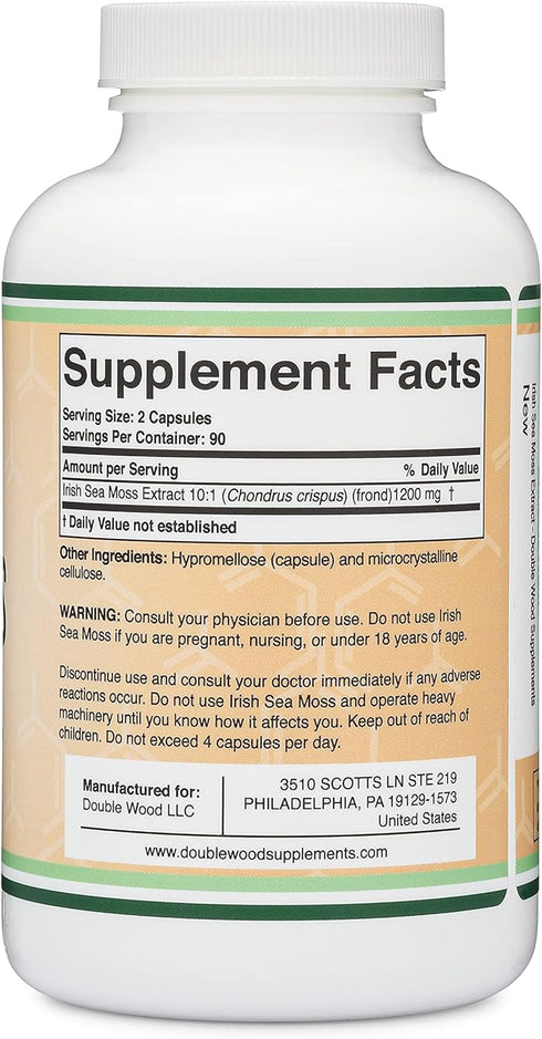 Irish Sea Moss Capsules, More Potent Than Sea Moss Gel Extract (180 Count, 1,200mg per Serving) Nutrient Rich Superfood
