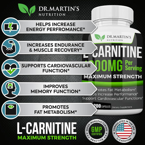 DR. MARTIN'S NUTRITION Extra Strength L-Carnitine - 200 Capsules - 1000mg Per Serving - Increase Performance & Boost