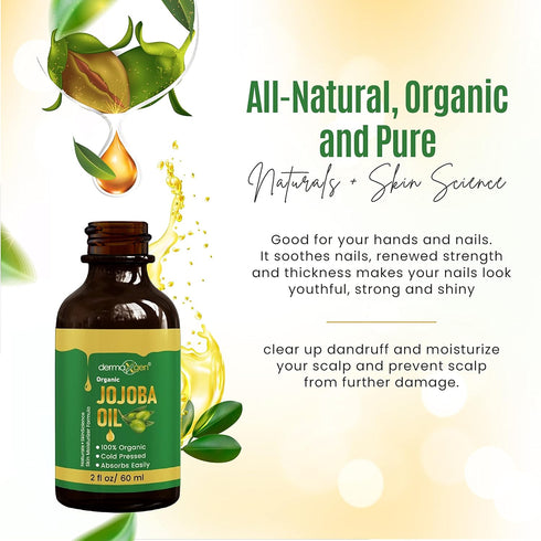 Jojoba Oil - 100% Organic & Cold Pressed, Anti-Aging Moisturizing Treatment for Face, Hair, Skin & Nails (2 FL OZ)