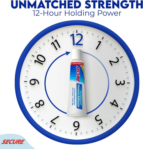 Secure Waterproof Denture Adhesive, Zinc Free, Extra Strong 12 Hour Hold, 1.4 oz, Pack of 2