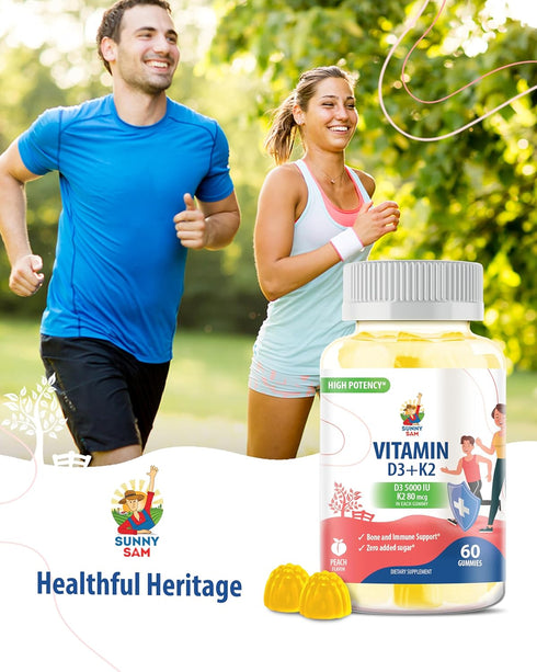 Vitamin D3 K2 Gummies 5000 IU - Immune & Bone Support, Sugar-Free, Vegan, Gluten-Free Gummies for Adults