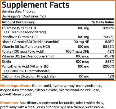 Bronson Vitamin B 100 Complex, 120 Tablets, High Potency Sustained Release (Vitamin B1, B2, B3, B6, B9, B12)