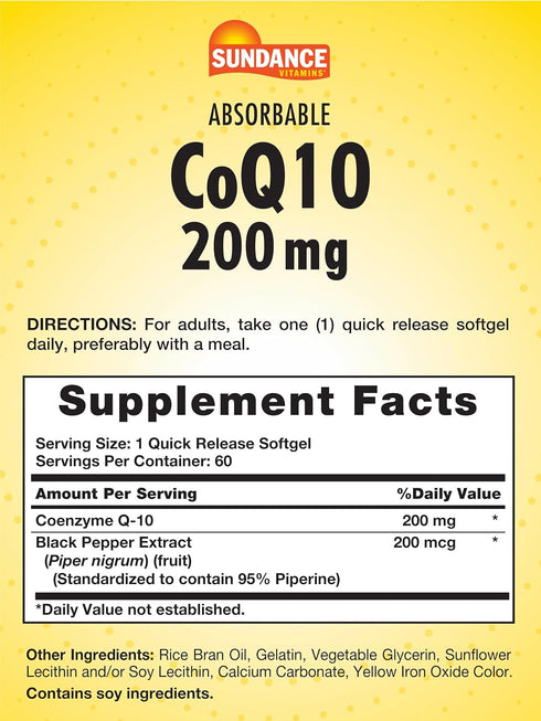 CoQ10 200mg | 60 Quick Release Softgels | with Black Pepper Extract | Non-GMO and Gluten Free Supplement | by Sundance