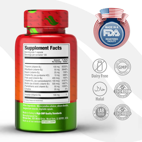 ORZAX Vitamin B Complex Supplement for Women & Men with Choline, Inositol - Balanced Energy Metabolism - Immune & Nerve Health (120 Veg Capsules)