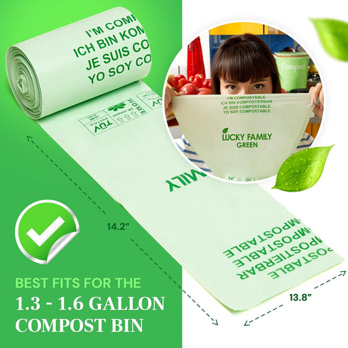 Lucky Family Green Compost Bags - 1.3 to 1.6 Gallon Kitchen Countertop Bin, 100% Compostable Trash Bags