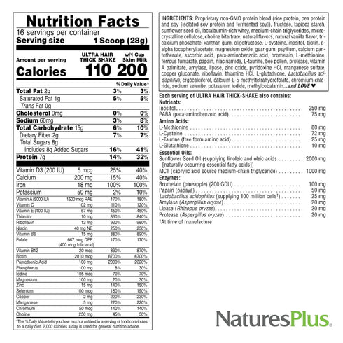 Natures Plus Ultra Hair Thick Shake - 1 lb, Hair Protein Shake - Healthy Hair Growth Supplement, 16 Servings