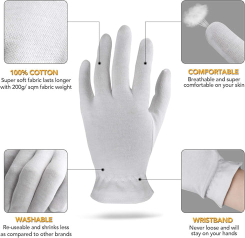 XS Extra Small 5 Pairs 100% Premium Cotton Gloves - Moisturizing Overnight Gloves for Eczema, Psoriasis & Skin Spa