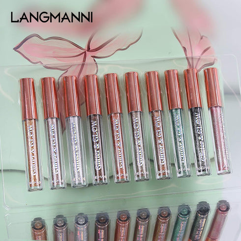 LANGMANNI 10 Pcs Liquid Glitter Eyeshadow Makeup Set, Metallic Shimmer Glitter, Sweatproof Highly Pigmented Blending