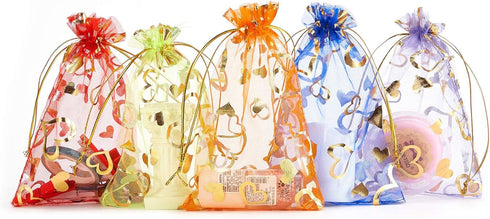 Volanic 100PCS 4X6 Inch Sheer Heart Organza Bags with Drawstring for Party Wedding Favor Gift Bag, 10 Colors Mix