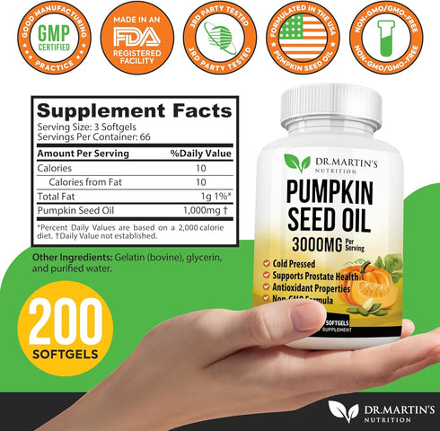 3000mg Cold Pressed Pumpkin Seed Oil, DHT Blocker for Hair Growth, Supports Heart and Skin Health