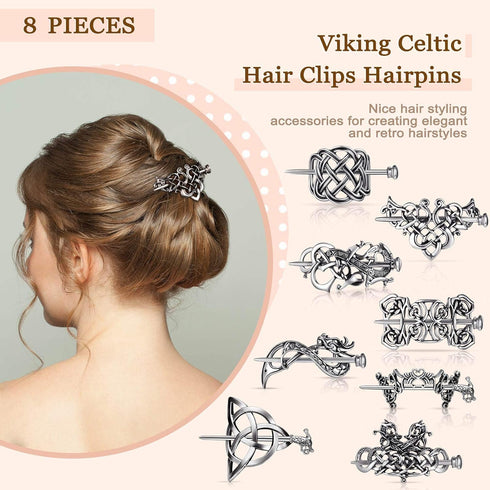 WILLBOND 8 Pcs Viking Celtic Hair Clips Vintage Knot Hair Sticks, Retro Silver Alloy Barrette Jewelry Accessories for