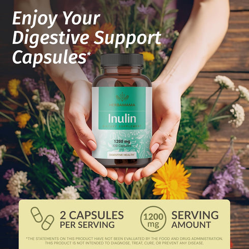 HERBAMAMA Inulin Powder Capsules 1200mg - Digestive Support & Gut Cleanse with Vegan Chicory Root Powder, 100 Caps
