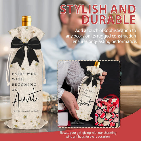 LOhgys Aunt Pregnancy Announcement Wine Bag, Pairs Well with Becoming an Aunt Daisy Print Linen Bottle Bag, New Baby