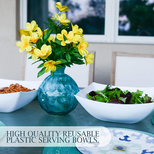 PLASTICPRO 128 Ounce Square Disposable Serving Bowls, Extra Large Plastic Elegant White Pack of 4 for Party Snack