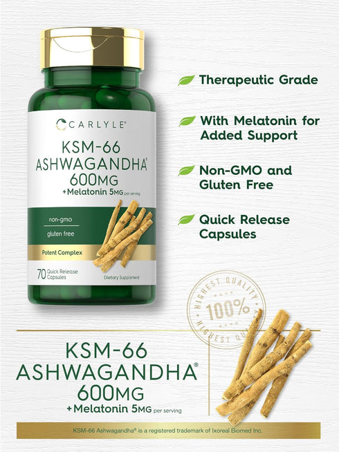 Carlyle KSM-66 Ashwagandha Capsules 600mg | 70 Count | Potent Complex with 5mg Melatonin, Non-GMO