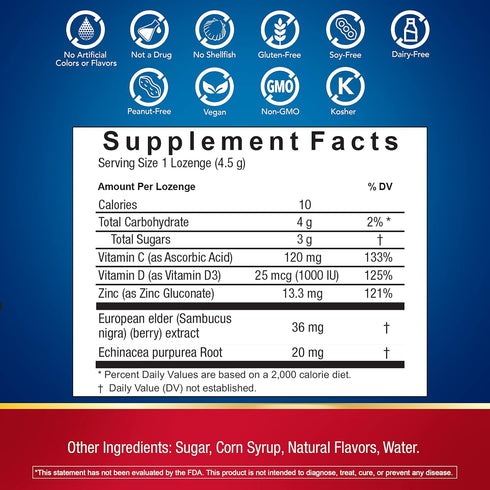 Defend-EEZE Immune Support Lozenges, 100% Daily Value of Zinc, Vitamins C & D, Elderberry Flavor, 30 Lozenges