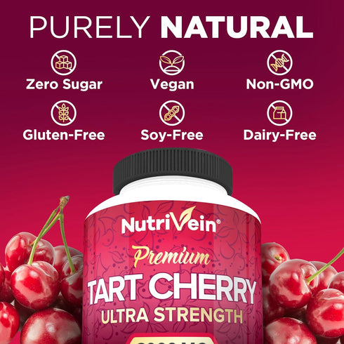 Nutrivein Tart Cherry Capsules 3000mg - 90 Vegan Pills for Pain Relief, Muscle Recovery, Uric Acid Cleanse
