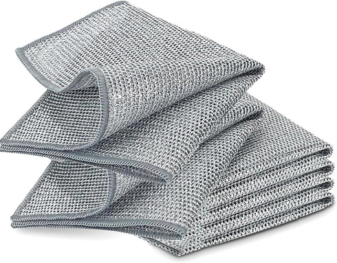 YinQin 6 PCS Double Layer Non-Scratch Wire Dishwashing Rags, Sturdy Reusable Steel Wire Cleaning Cloths for Kitchen