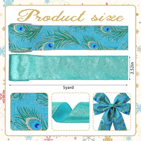 2 Rolls Peacock Ribbon for Wreath Bows Wrapping Gifts, Glitter Blue Green Peacock Ribbon for Gift Wrapping Party Supplies Decoration DIY 2.5" X 10 Yard, Wired Christmas Peacock Wreath Ribbon by Glodecart