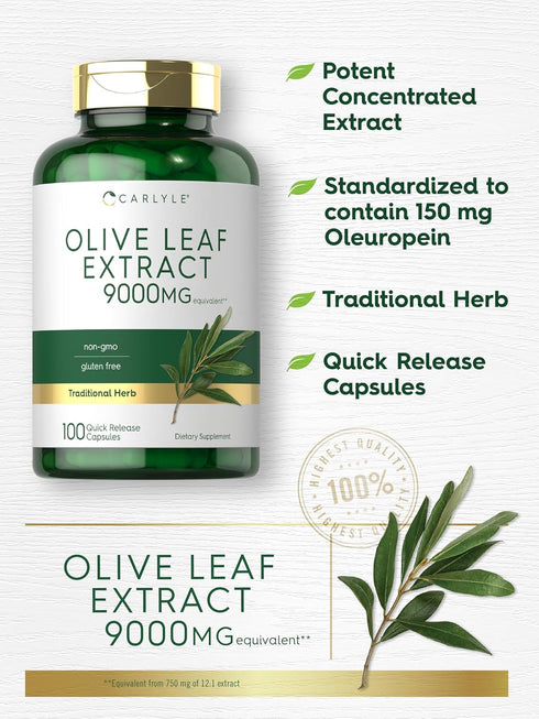 Carlyle Olive Leaf Extract Capsules, 9000mg, 100 Count, Non-GMO, Gluten Free High Potency Supplement
