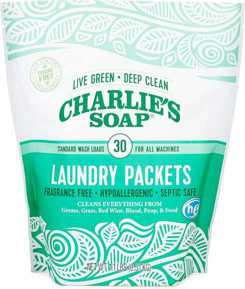 Packets 30 Count (2 Pack 60 Charlie's Soap - Unscented Powdered Laundry Total Loads)
