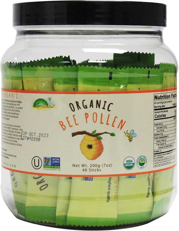 Greenbow Organic Bee Pollen - 100% USDA Certified Organic, Non-GMO, Pure & Natural Superfood - 5g x 40 Sticks