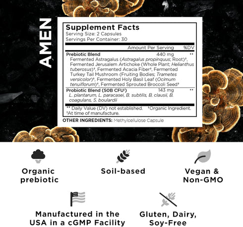 Amen Probiotics Supplement, SBO Probiotic and Organic Prebiotics, 50 Billion CFUs, 60 Capsules, Vegan & Non-GMO