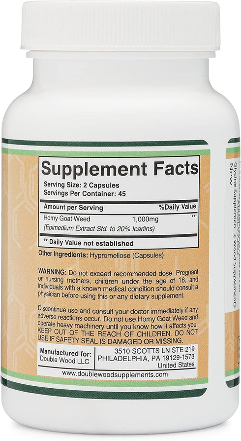 Horny Goat Weed for Men and Women, Max Strength Epimedium Std. to 20% Icariins, 1,000mg per Serving, 90 Capsules