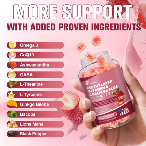 Gummies D3 K2 3 CoQ10 B12, B1, B2, B3, B5, B6, B7 B9 Ultra Methylated Vitamin B Complex Sugar Free - All B Vitamins +