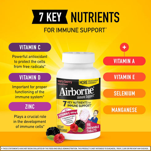 Airborne Vitamin C 1000mg Chewable Tablets, Very Berry, 116 Count, Gluten-Free Immune Support