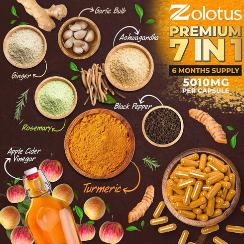 7 in 1 Premium Turmeric Curcumin + Apple Cider Vinegar Capsules, 5010mg Equivalent, 6 Month Supply with Ashwagandha,