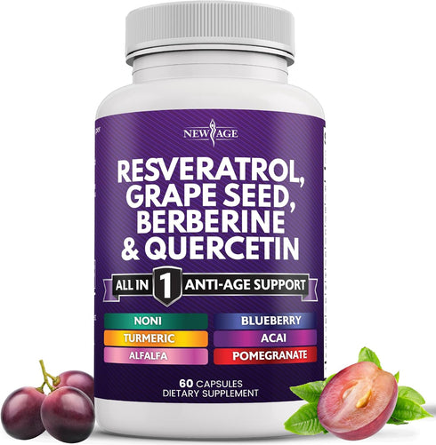 NEW AGE Resveratrol 6000mg Supplement, 60 Capsules - Polyphenol Support with Noni Extract
