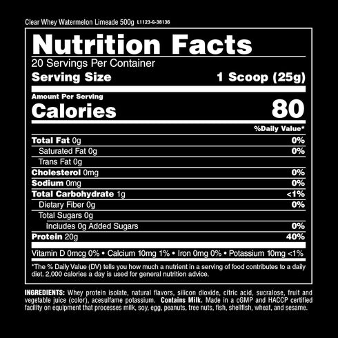 Clear Whey Isolate Protein Powder - Easy to Digest, 5g BCAA, Watermelon Limeade, 500g (20 Servings)