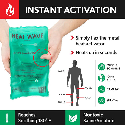 Packs (59)- 1-Pack HEAT WAVE Instant Heat Medium Medical Grade Reusable Green Fast and HOT - Made in USA for Muscle